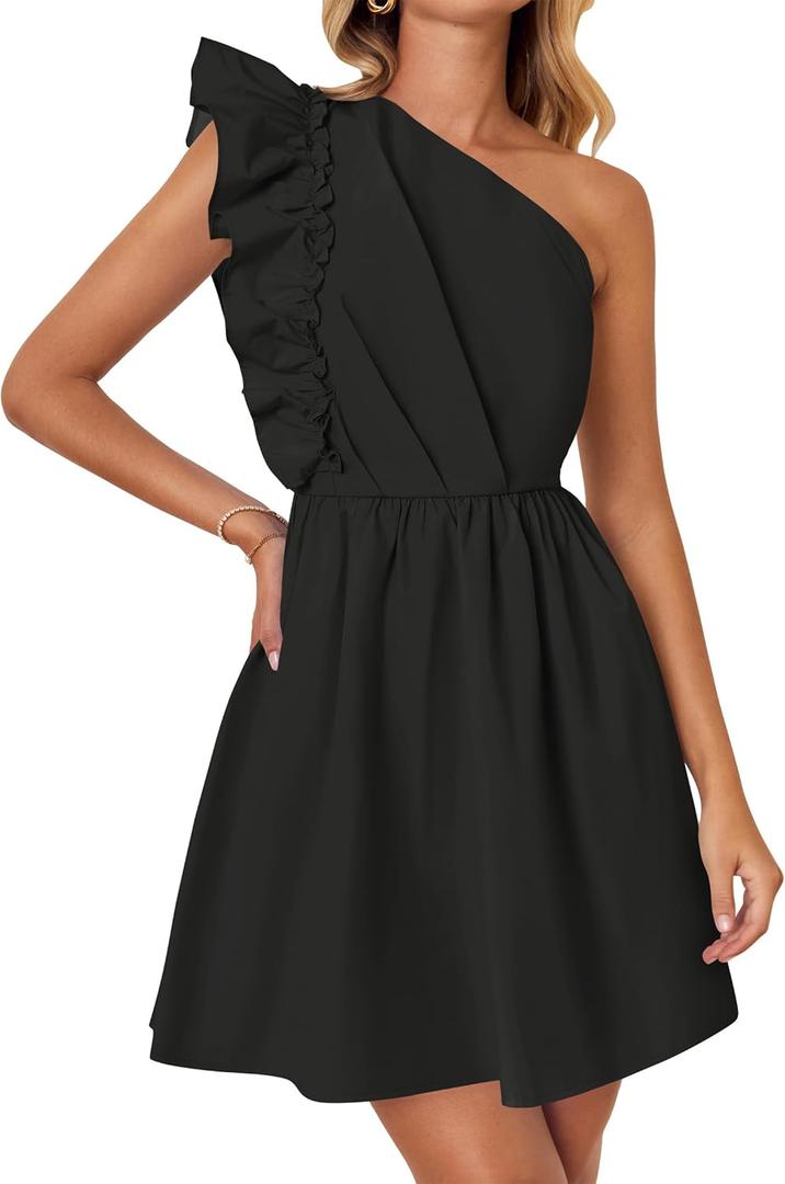 ZESICA Women's Summer One Shoulder Ruffle Dress Boho Sleeveless Elastic High Waist Swing Mini Dresses (X-Large, Dim)