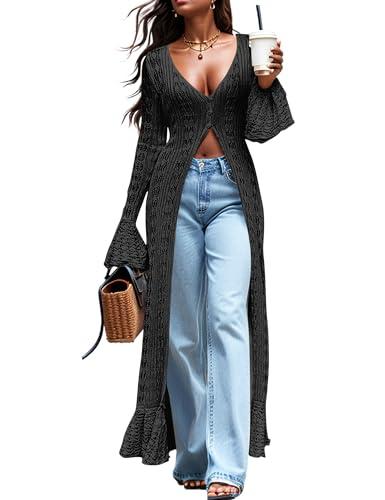 KWSTAIN Black Cardigan for Women Dressy Light Summer Hollow Out Button Up V Neck Womens Long Crocheted Duster Sweaters Coats 2025 Fall Y2K Girls (Black,S)