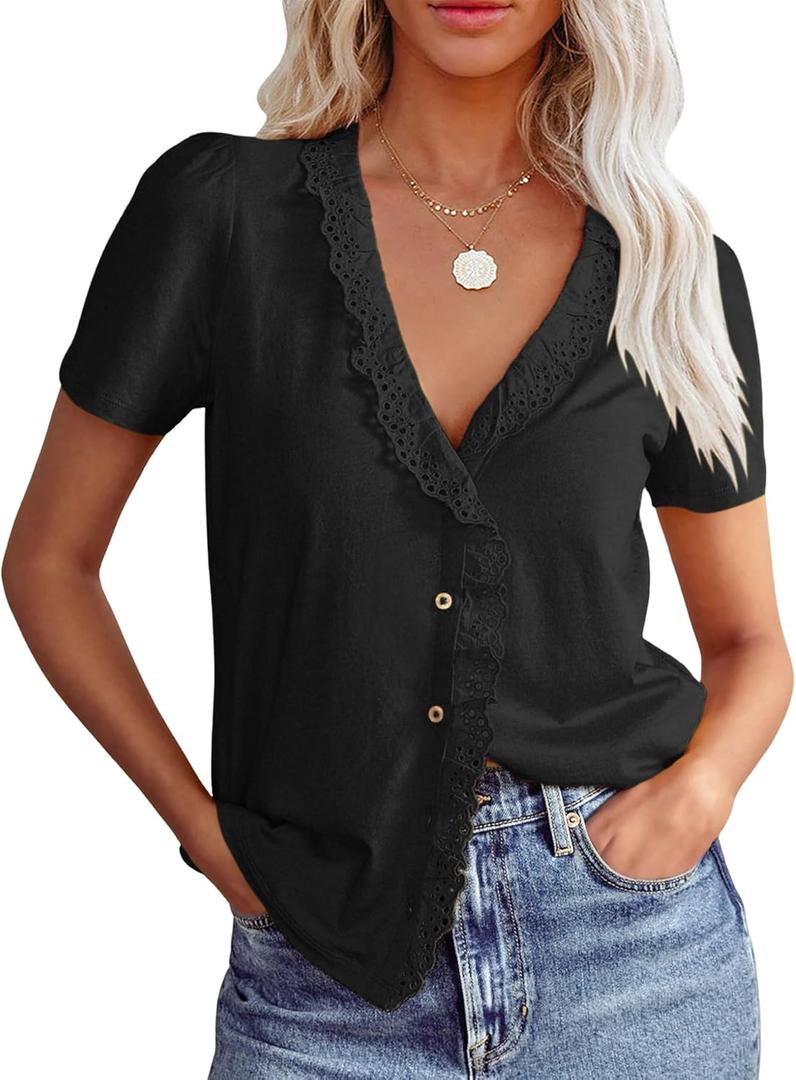 Floral Find Womens Short Sleeve Button Down Tops Casual Summer V-Neck Lace Trim Blouse Cute Tee, Black, X-Large (Black, XL)