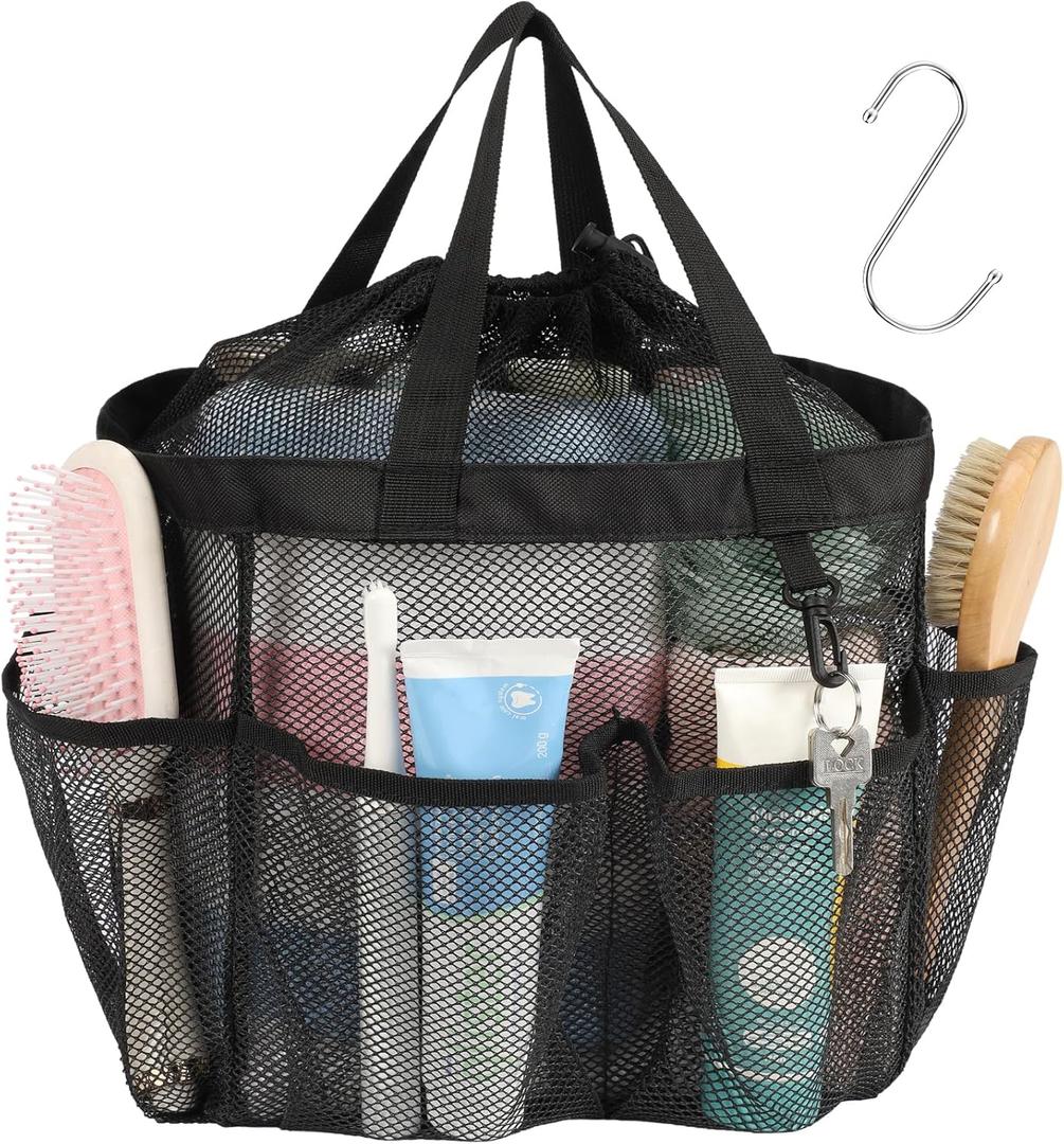 F-color Mesh Shower Caddy Portable with Drawstring - Upgrade Deeper 7 Pockets Dorm Room Essentials for Guys Girls with S Hook, Shower Bag Basket Tote for College Camping Gym Toiletry Bathroom, Black