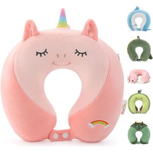 Niuniu Daddy Unicorn Kids Travel Pillows for 3-8 Y/O, Travel Essentials for Road Trip Long Flight, Soft Memory Foam Neck Pillows for Airplane, Car Seat, Traveling, Sleeping for Boys Girls Toddler