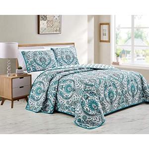Linen Plus Quilted Coverlet Bedspread Set Turquoise Teal Grey Charcoal White New # Lori (King/Cal King)