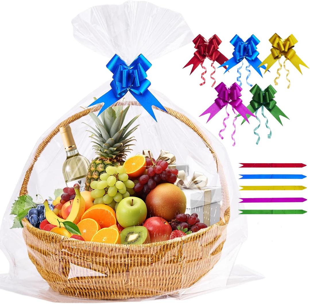 Homrelaxy 20 Pcs 24 x 30 Inches Cellophane Bags for Gift Baskets with 20 Colorful Pull Bows, Plastic Clear Basket Bags, Cellophane Wrap for Gift Baskets for Birthday, Wedding, Thanksgiving