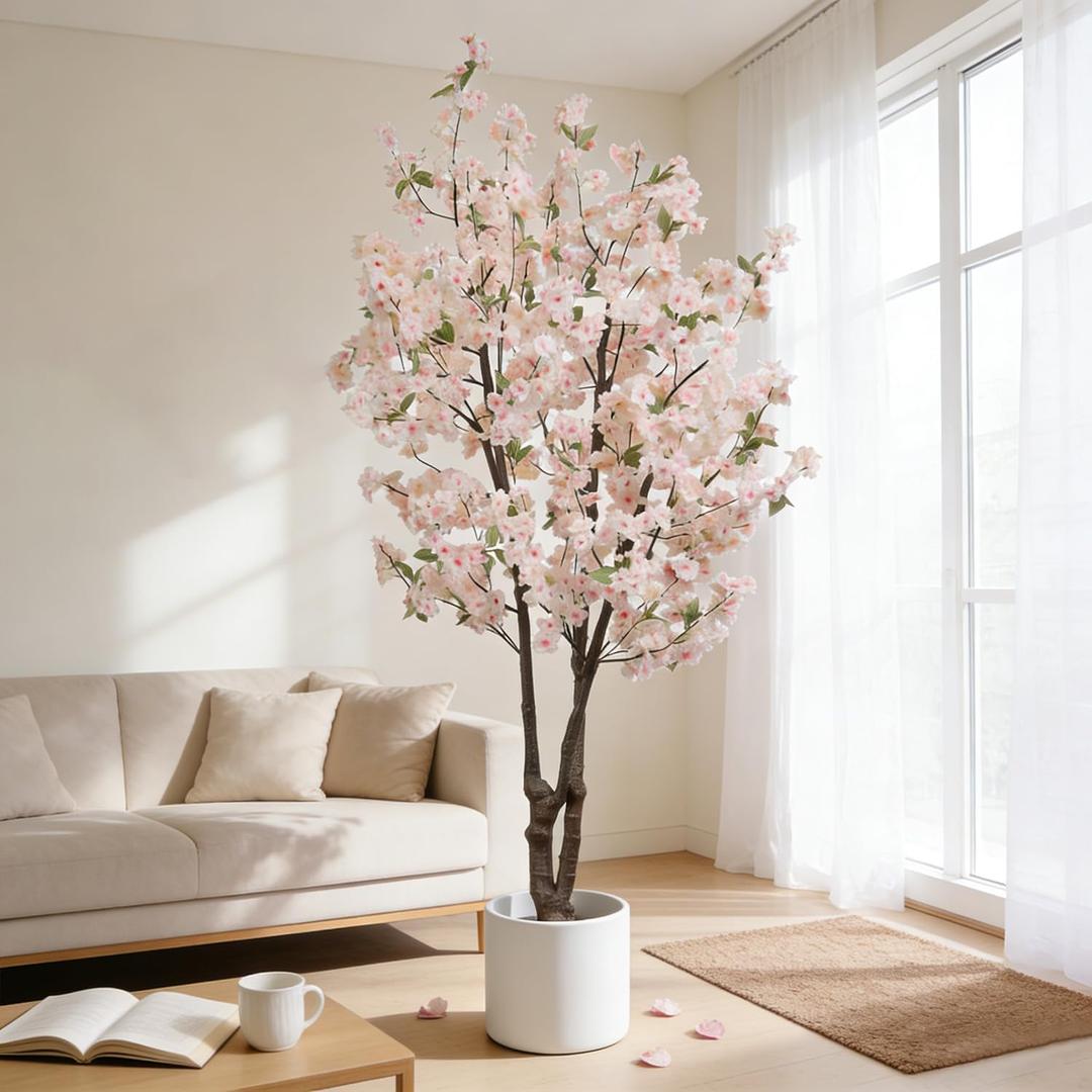 BINCUE Artificial White Cherry Blossom Tree Fake Tree Cherry Blossom Decor Fake Flowers Faux Flowering Tree White Flowers Floral for Indoor Outdoor Room Home Decor Spring Gift 5.74FT