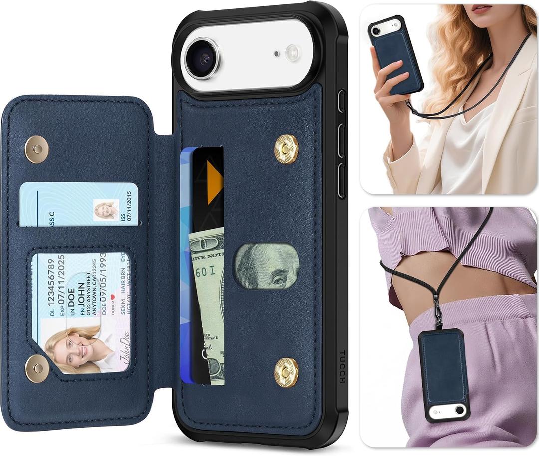 TUCCH Card Wallet Case for iPhone Air (6.5") 2025, RFID Blocking 3 Card Holders, Crossbody Lanyard Strap, Magnetic Closure, Clear ID Window, Undetachable, PU Leather, Shockproof Phone Cover, Dark Blue