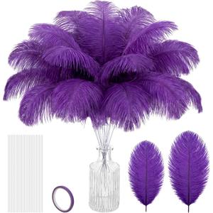 Hanaive 150 Pcs Ostrich Feathers Set Bulk Plumes 12-14 Inch (30-35cm) 70 Pcs Large Ostrich Feathers with 80 Sticks and Tape for DIY Crafts Wedding Home Party Centerpiece Decorations(Purple)