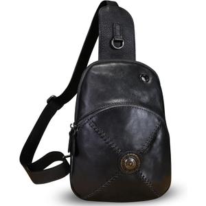 Genuine Leather Small Sling Bag for Women Crossbody Purse Handmade Hiking Daypack Retro Shoulder Backpack Vintage Chest Bags (Black)