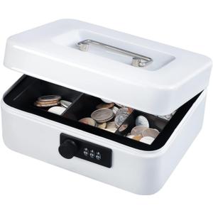 KYODOLED Cash Box with Combination Lock,Safe Metal Box for Money,Storage Lock Box with Money Tray,7.87"x 6.30"x 3.54" White Medium