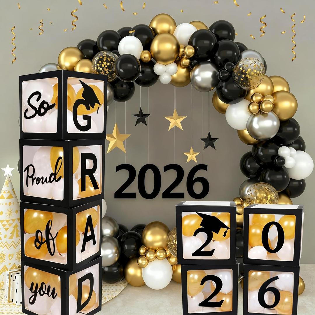 2026 Graduation New Year Decorations Party Supplies, 4 Pieces Black Balloon Boxes for Graduation Party with Letter GRAD 2026 So Proud of You , Class of 2026 School Grad Party Decorations