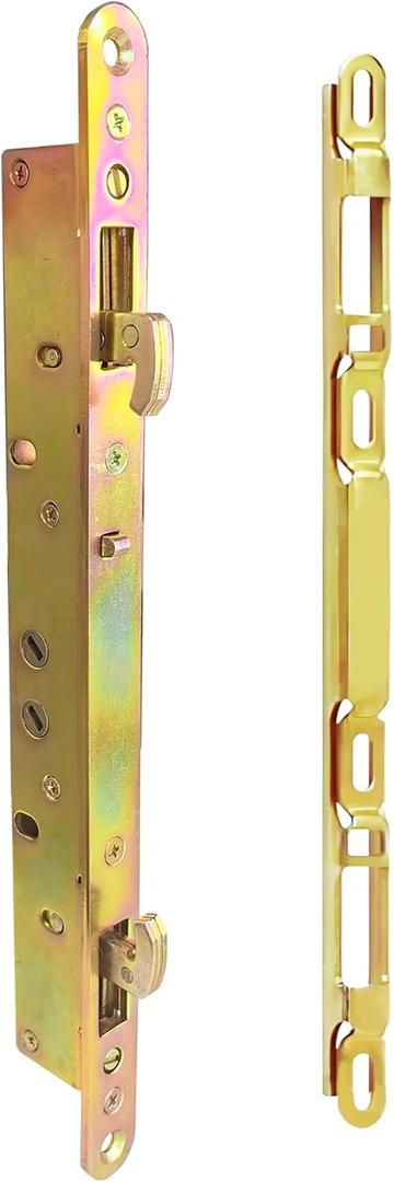 2 Point Sliding Patio Glass Door Mortise Lock with 11-3/4" Faceplate, Dual Point Hooks with Anti-Slam Pin, 45 Keyway, A/B Position, 3-15/16" Handle H.C. (Sold Separately), Non-Handed (Yellow Zinc Plated)