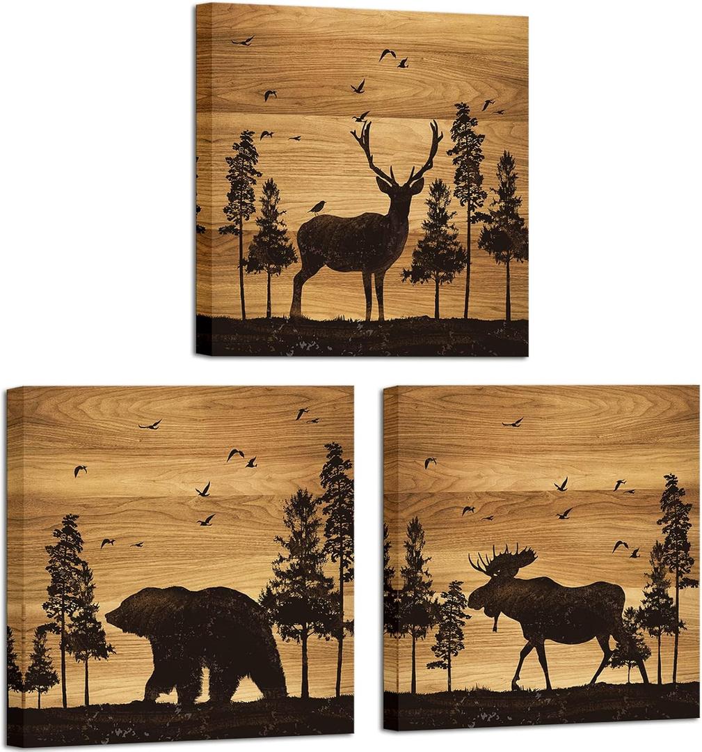 Apicoture Bear Elk Moose Wall Pictures Forest Landscape Hunting Theme Woodland Animal Painting Framed Canvas Artwork Farmhouse Wall Decor 12"x12"x3 Panels