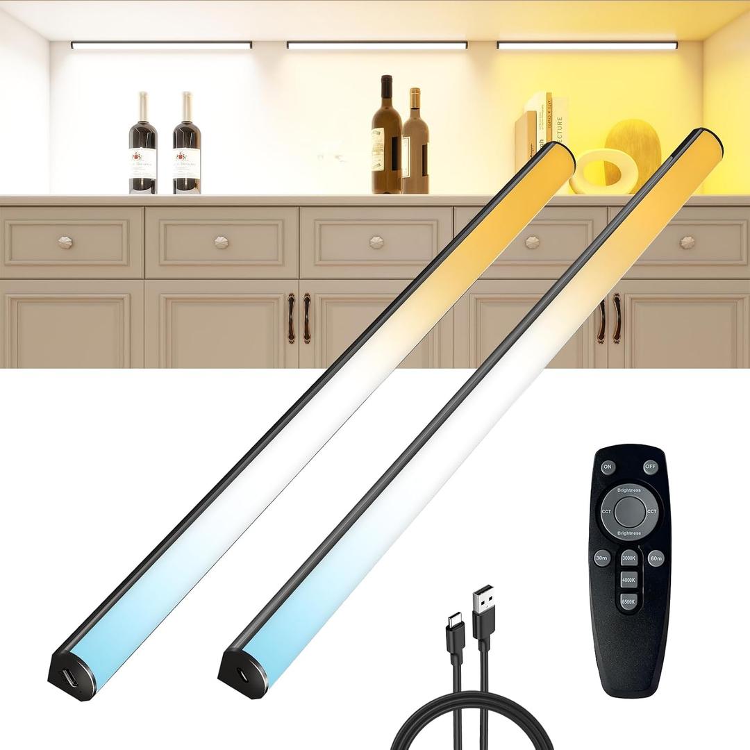 Under Cabinet Lighting Wireless with Remote,Rechargeable Battery Operated Closet Lights,3 Color Magnetic Dimmable led Strip Lights,Under Counter Lights for Kitchen,Shelf,Bedroom (Black, 40cm)