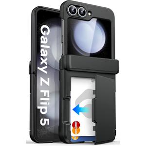 ASAFCASE for Samsung Galaxy Z Flip 5 Wallet Case with Card Holder (3 Cards) & Hinge Protection & Outer Screen Protector, Shockproof Rugged Cover Phone Case for Samsung Galaxy Z Flip 5 5G 2023, Black