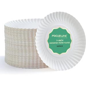 FOCUSLINE 7 Inch White Paper Plates, Uncoated Paper Plate, Everyday Disposable Dessert Plates 7" Plate Bulk, Pack of 500 Count