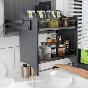 Pull Down Shelf for Kitchen Upper Cabinet,Heavy Duty Pull Down Cabinet Organizer, 2 Tier Upper Cabinet Pull Down Shelf Kitchen Cabinet Pull Down Spice Racks for Tall Kitchen, 22 inch Width, Grey, S -Cabinet Size