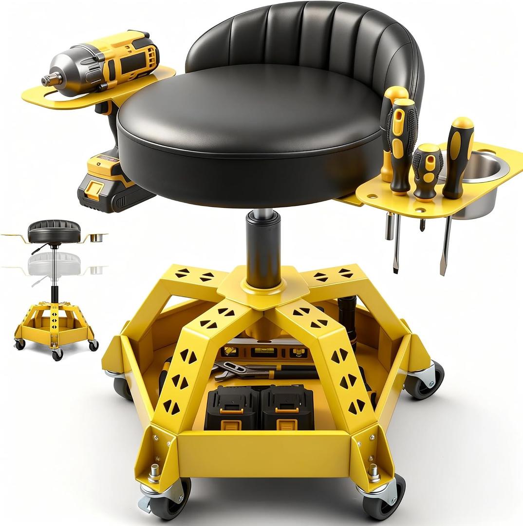 Rolling Shop Stool with Wheels, Garage Mechanic Stool with Backrest, Metal Heavy Duty Roller Mechanic Chair with Tool Tray, 5-Wheel Anti-tip Design,22"-26" Adjustable Height, 330 LBS Capacity