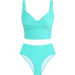 ZAFUL Two Piece Tankini Swimsuits for Women Cute Bathing Suit Twist Front Cropped Swim Tank Top with High Waisted Bottom (Medium, Aqua Green)