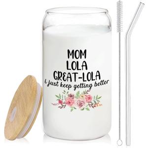 Christmas Grandma Gifts For Grandma Mom Lola Great Lola Glass Coffee Cup With Lid And Straws 14oz - christmas Glass Cup gifts For Grandmother