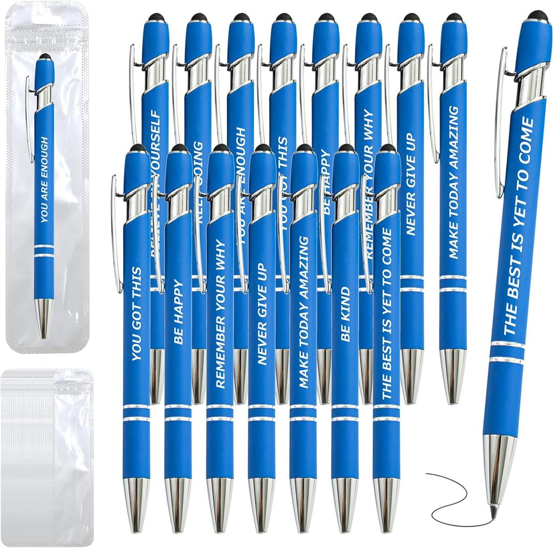 60 Piece Inspirational Pens Kit with Stylus Tip & Sayings  30 Motivational Pen + 30 Individual Bags  Uplifting Quote & Positive Ideas  For Teachers, Office, School, Meetings, Team Events(Blue)