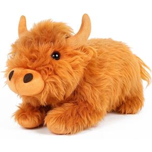 TICHA 22- Cow Christmas Highland Cow Stuffed Animal Plush Toy, Soft Fluffy Scottish Cattle Plush Pillow, Realistic Highland Cow Decor, Home Decor, Couch Pillow (Lying Pose)
