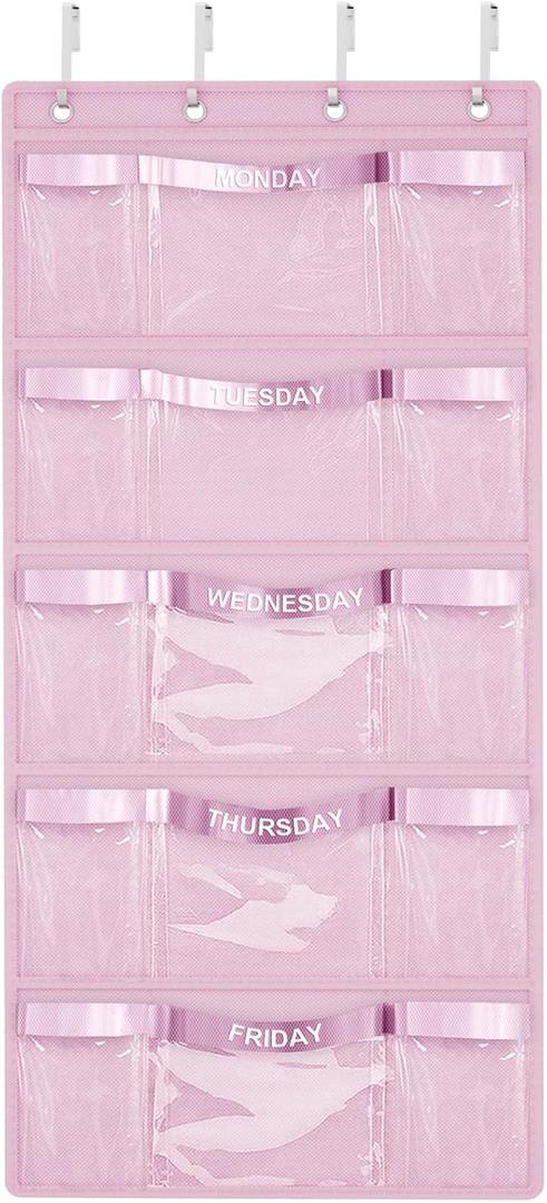 VERONLY Weekly Hanging Closet Organizer for Kids,Day of Week Kids Clothes Organizer,School Clothing Storage Monday to Friday Hanging Closet Organizer Shelves for Bedroom,Bathroom,Dorm (Pink)