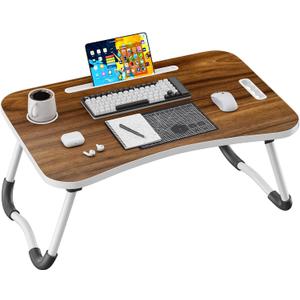 Folding Lap Desk, 23.6 Inch Wood Laptop Bed Desk with Cup Holder, Portable Bed Table for Working Writing Reading, Eating for Bed, Floor, Sofa, Couch - Brown