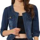 Allegra K Denim Jacket for Women's Collarless 2025 Cardigan 3/4 Sleeve Crop Jean Jackets