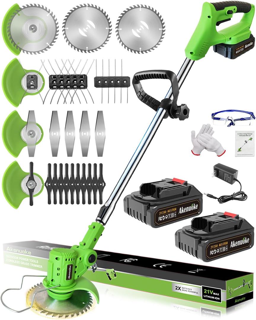 Electric Weed Wacker Cordless, 21V Battery Powered Weed Cordless Eater with 2 * 2.0Ah Battery Operated and Charger, 5 Types 26Pcs Blade Stringless Grass Trimmer, Brush Cutter for Lawn Garden Yard