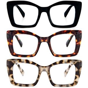 REAVEE 3 Pack Oversized Square Reading Glasses Oprah Style for Women, Blue Light Blocking Large Frame Computer Designer Fashion Readers with Spring Hinge (Black/Tortoise/Grey Tortoise,2.0)