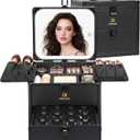 Relavel Makeup Bag with LED Mirror, Dual Layer Cosmetic Train Case with Light up Mirror Large Travel Makeup Artist Organizer Bag for Women with Adjustable Dividers & Nail Polish Organizer, Black