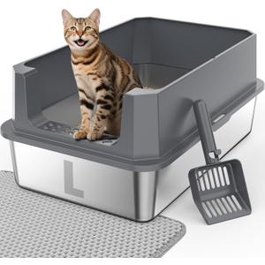 FURTIME Stainless Steel Litter Box with Lid, Large Metal Cat Litter Box for Big Cat, Large Cat Box High Sided with Non-Stick, Odor-Resistant, Anti-Urine Leakage, Easy Cleaning, Includes Scoop and Mat (Grey)