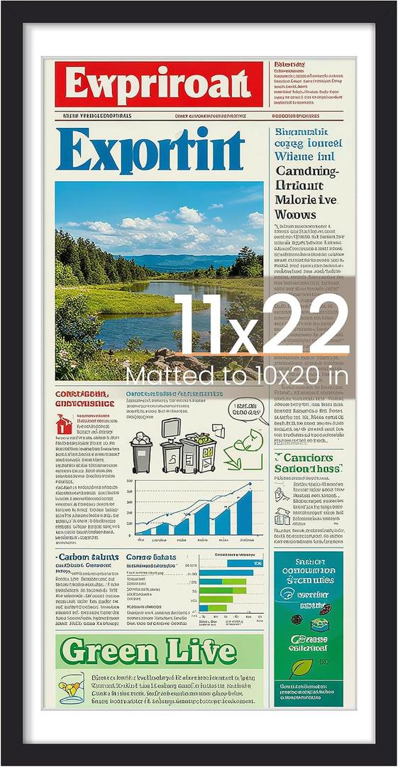 upsimples 11x22 newspaper frame, Display Pictures 10x20 with Mat or 11x22 Without, Wall Hanging Photo Frame, Black, Pack of 1
