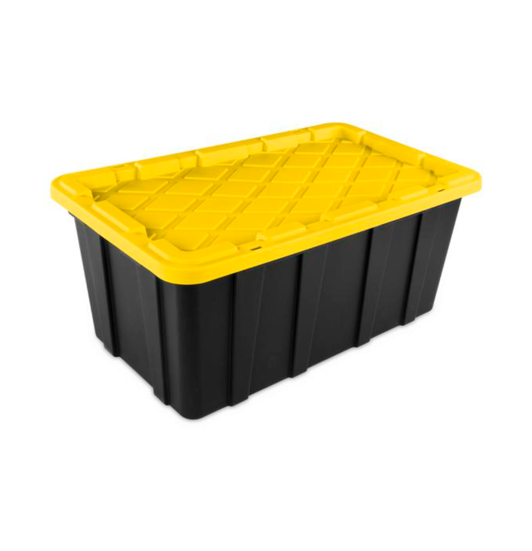 Sterilite 38 Gal Industrial Tote, Stackable Storage Bin with Snap-Fit Lid for Garage, Basement & Attic Storage, Black Base and Yellow Lily Lid, 1-Pack