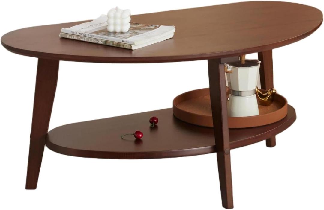Mid Century Modern Coffee Table with Storage, 2 Tier Oval Round Coffee Tables for Living Room, FSC Certifiled 100% Solid Bamboo Wood Center Table, Upgraded Edition (Walnut Finish), 40.5"D x 22.1"W x 18"H