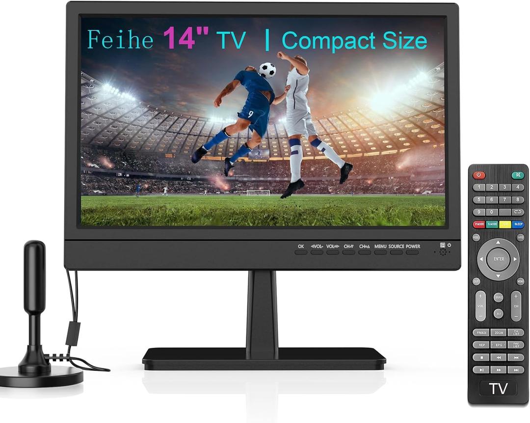 Feihe 14 Inch Small TV - HD LCD Flat Screen Kitchen TV with Digital Tuner, HDMI/USB/VGA, Built-in Stand and Remote Control, Suitable for RV, Camping, and Offices(No Smart TV), 13.4*1.8*12.2 inch