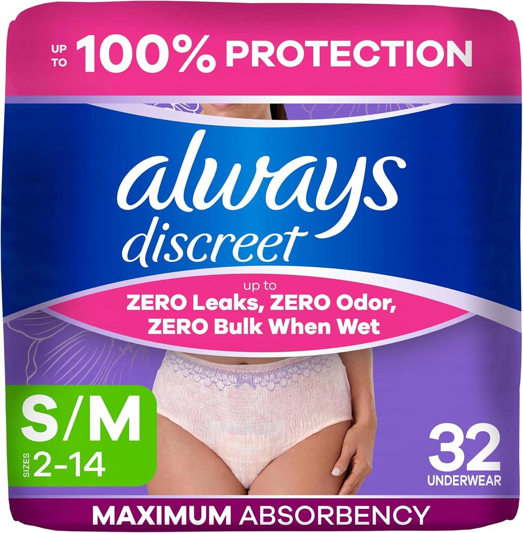 Always Discreet Adult Diapers for Women, Incontinence Underwear, Postpartum Essentials, Disposable Briefs, Max Absorbency, Bladder Leak Protection, Small/Medium, 32ct