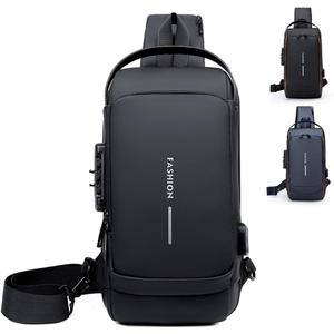 Travel Sling Bag Waterproof Crossbody Bag with Combination Lock Anti-Theft PU Leather Chest Bag with USB Charging Hole Shoulder Backpack Motorcycle Bags, Black