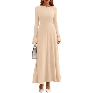 PRETTYGARDEN Womens Dresses Formal Off The Shoulder Long Sleeve Ruched Knit A-Line Maxi Wedding Guest Dress Fall Clothes (Beige, L)
