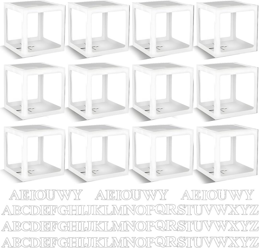 12 Pcs Transparent Wedding Balloon Boxes with 99 Letters, White Balloon Box for Baby Shower Gender Reveal Grad Birthday Party Bridal Wedding Christmas Anniversary Valentines Backdrop Decoration