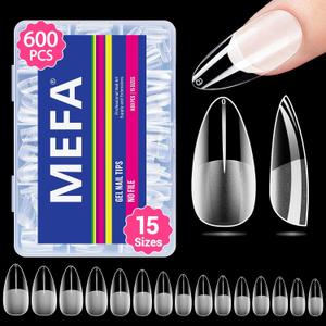 5 x MEFA Nail Tips, Medium Almond 15 Sizes, 600 Pcs Pre-shaped Half Matte Full Cover Acrylic Nail Tips Press on Nails for Nail Extension Home DIY Salon Manicure