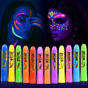 Glow in the UV Light Paint, Non-Toxic Neon Face Paint, Washable & Compact Glow Face Paint for Halloween, Cosplay, Party 12 PCS