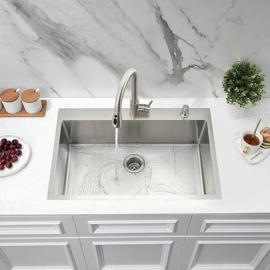 30 Inch Drop In Kitchen Sink with Faucet Combo, Jshozzy 30 x 18 Kitchen Sink Drop In 18 Gauge Stainless Steel Single Bowl Topmount Handmade Deep Basin, 30"Lx18"Wx10"D