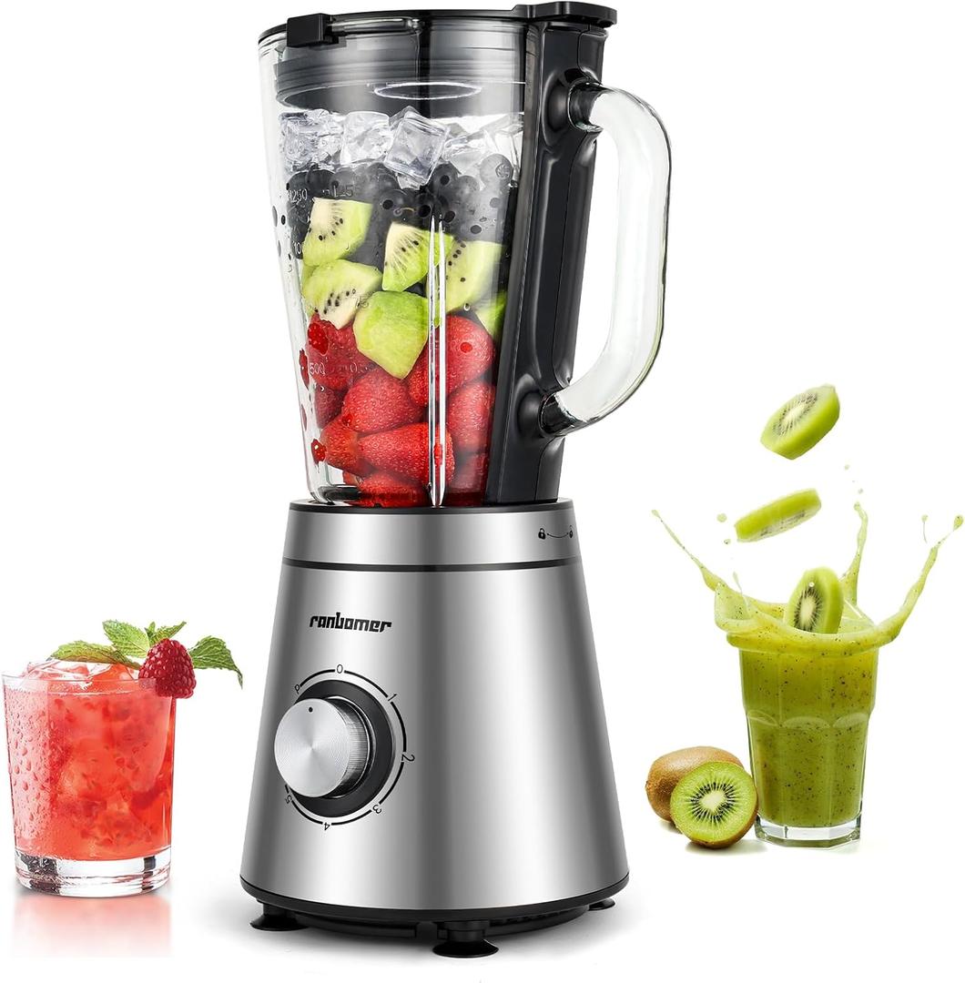 Blender,Blenders for Kitchen,Glass Blender for Shakes and Smoothies,crush ice,51oz Glass Jar,Simple Speed Dial,Black + Stainless Steel