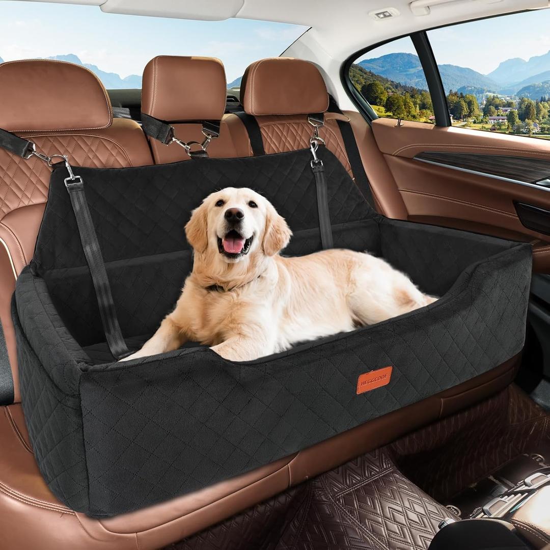 Large Dog Car Seat Under 100 lbs, Washable Dog Car Bed for 2 Medium Dogs, Detachable Pet Booster Seat with Storage Pocket and Seat Belt for Back Seat Dog Travel Bed (Black)