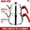 Hakan Teapot Set 107 Oz with Self Strainer Double Lids, Stainless Steel Maxi Double Bondy Tea Pot Set 3.2 L, 3.3-Quart, Turkish Samovar Style, Tea Kettle for Loose Leaf Tea with Red Bakelite Handle