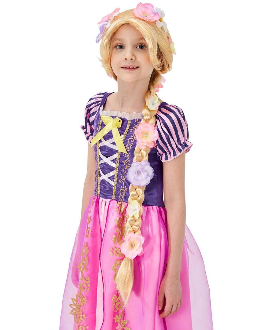 Super Long Princess Rapunzel Wig with Flowers-29 Inch Girls Blonde Braid Synthetic Wigs for Costume Cosplay Fairytale Ball Halloween Christmas Birthday Party