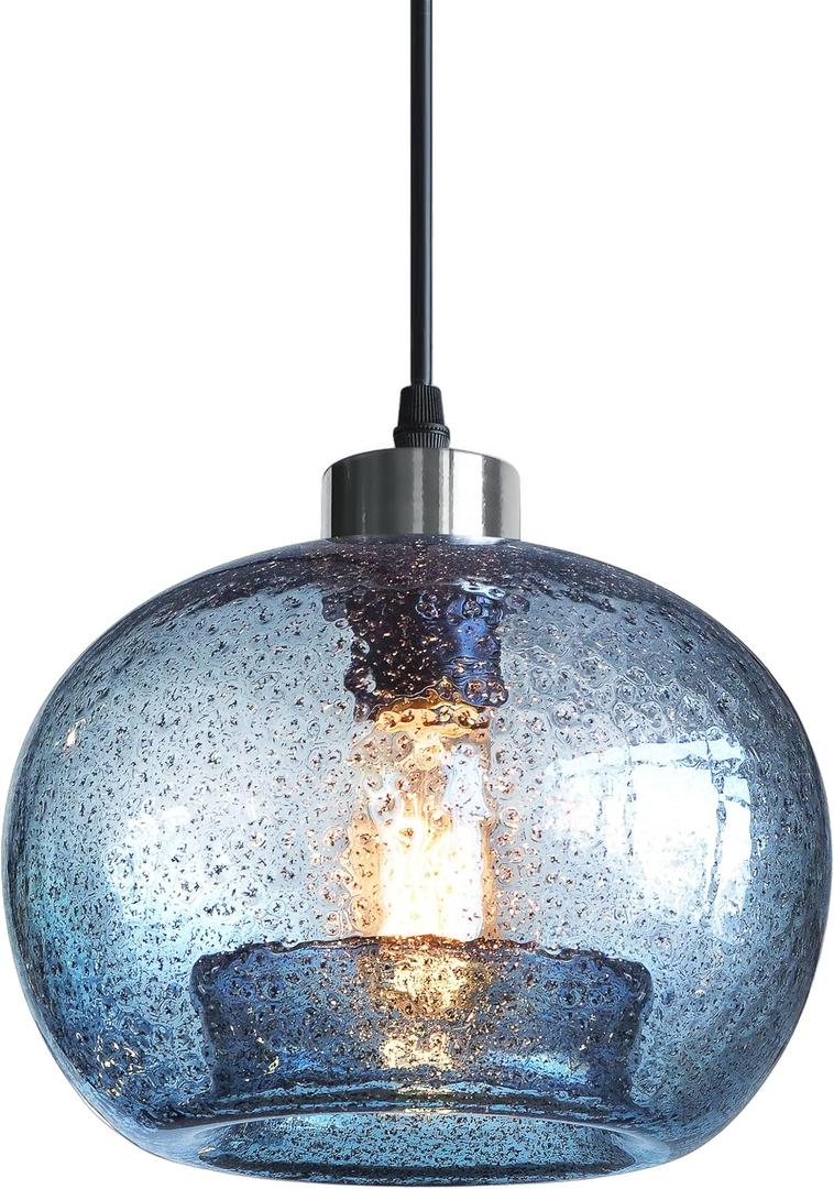 CASAMOTION Glass Pendant Lights Kitchen Island Modern Farmhouse Blue Ceiling Hanging Light Fixtures Globe Over Table Sink Foyer Entryway Brushed Nickel 8.7 Inch Diam