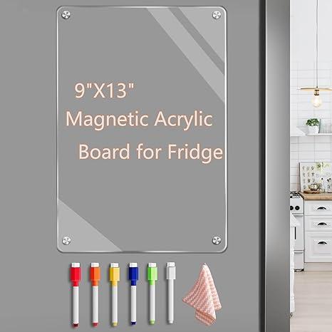 9"X13" Acrylic Dry Erase Board for Refrigerator, Clear Magnetic Dry Erase Board for Fridge, Includes 6 Colors Markers
