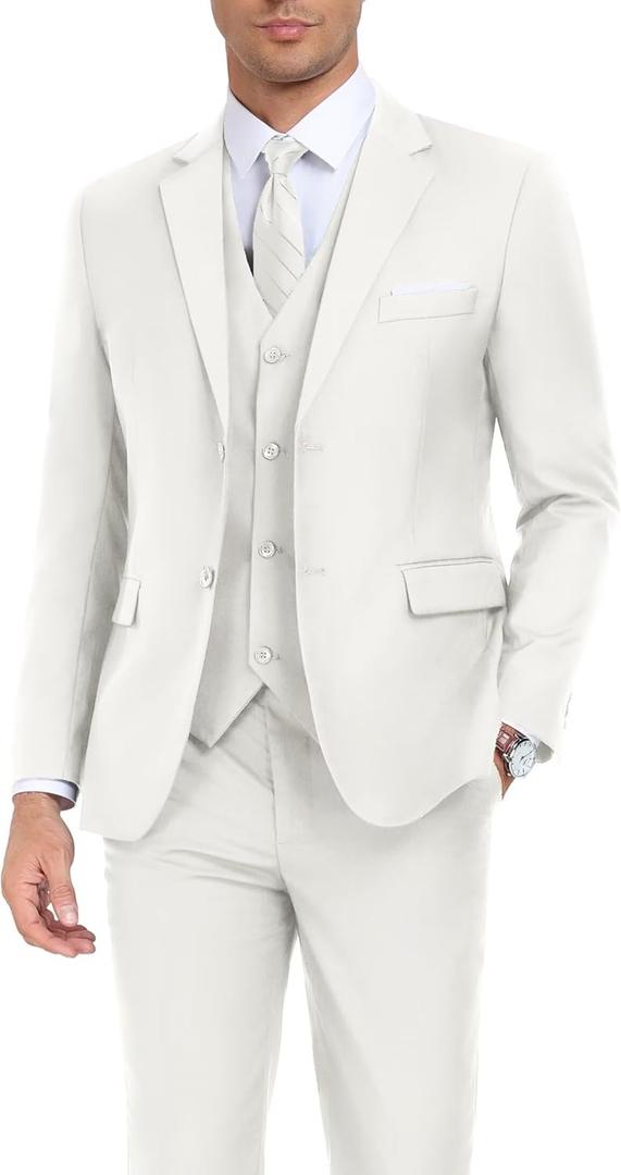 Men's Suit Slim Fit 3 Piece Wedding Dress Tux Suit Set Two Buttons Business Suits Blazer Jacket Vest Pants with Tie (Ivory), 3XL