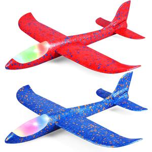 2 Pack LED Light Airplane,17.5" Large Throwing Foam Plane,2 Flight Mode Glider Plane,Flying Toy for Kids,Gifts for 3 4 5 6 7 8 9 Years Old Boy,Outdoor Sport Toys Birthday Party Favors Foam Airplane (Red and Blue)